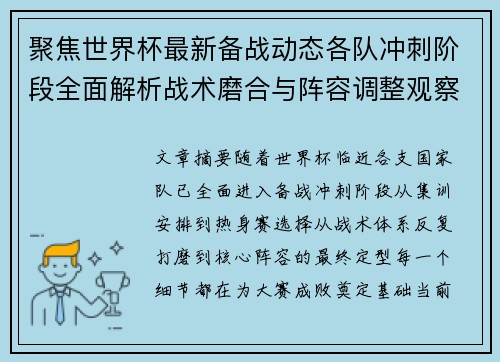 聚焦世界杯最新备战动态各队冲刺阶段全面解析战术磨合与阵容调整观察