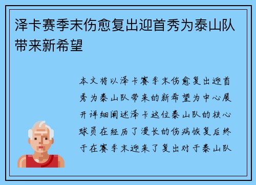 泽卡赛季末伤愈复出迎首秀为泰山队带来新希望 泽卡赛季末伤愈复出迎首秀为泰山队带来新希望